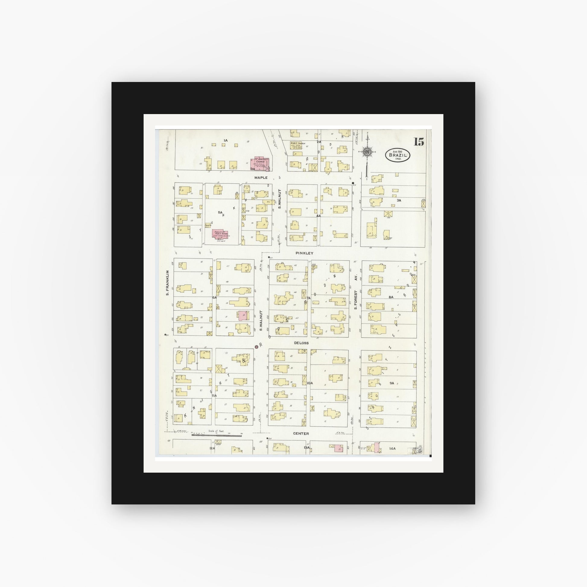 Old map wall art mockup — black gallery frame with white mat — Sanborn Fire Insurance Map from Brazil, Clay County, Indiana (1910), Sheet #0015
