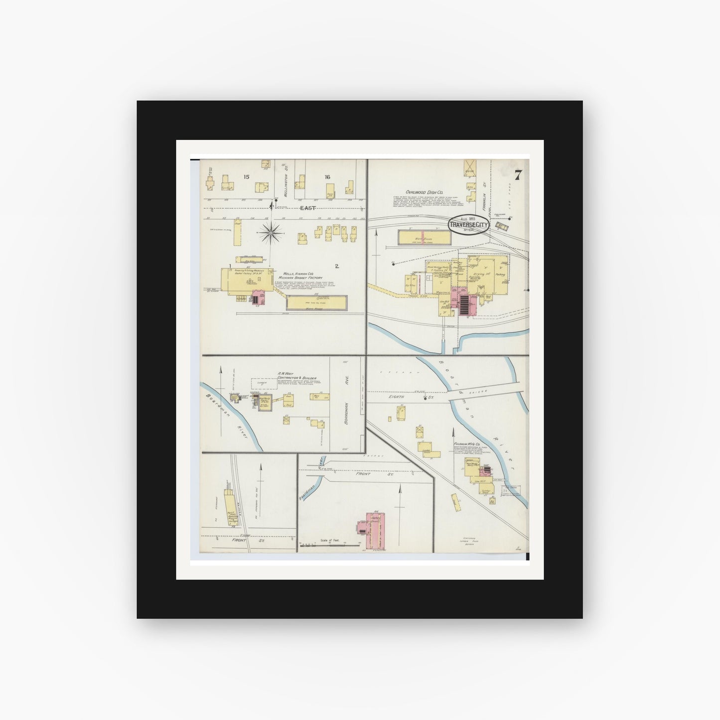 Old map wall art mockup — black gallery frame with white mat — Sanborn Fire Insurance Map from Traverse City, Grand Traverse County, Michigan (1893), Sheet #0007