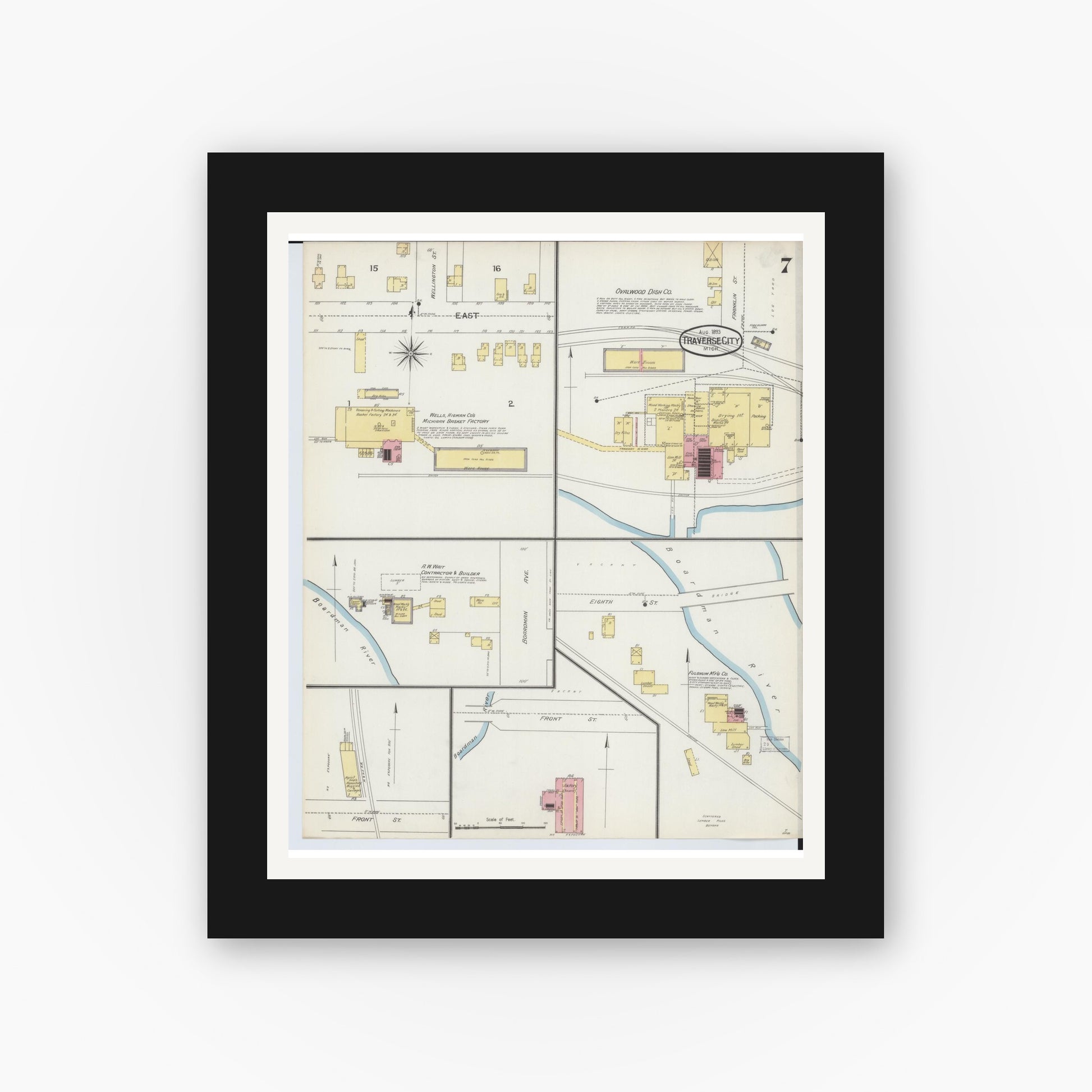 Old map wall art mockup — black gallery frame with white mat — Sanborn Fire Insurance Map from Traverse City, Grand Traverse County, Michigan (1893), Sheet #0007