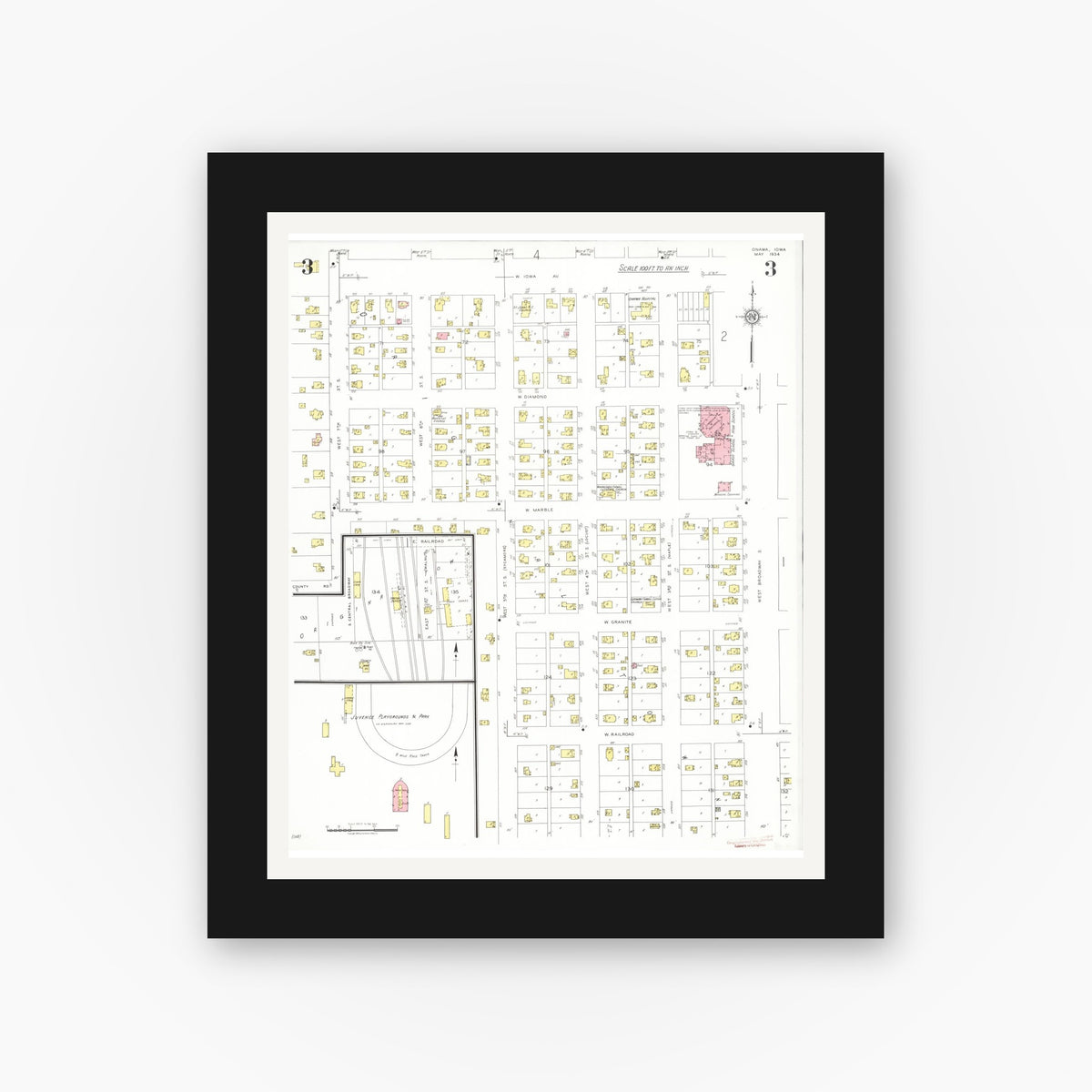 Old map wall art mockup — black gallery frame with white mat — Sanborn Fire Insurance Map from Onawa, Monona County, Iowa (1934), Sheet #0003