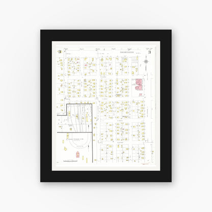 Old map wall art mockup — black gallery frame with white mat — Sanborn Fire Insurance Map from Onawa, Monona County, Iowa (1934), Sheet #0003