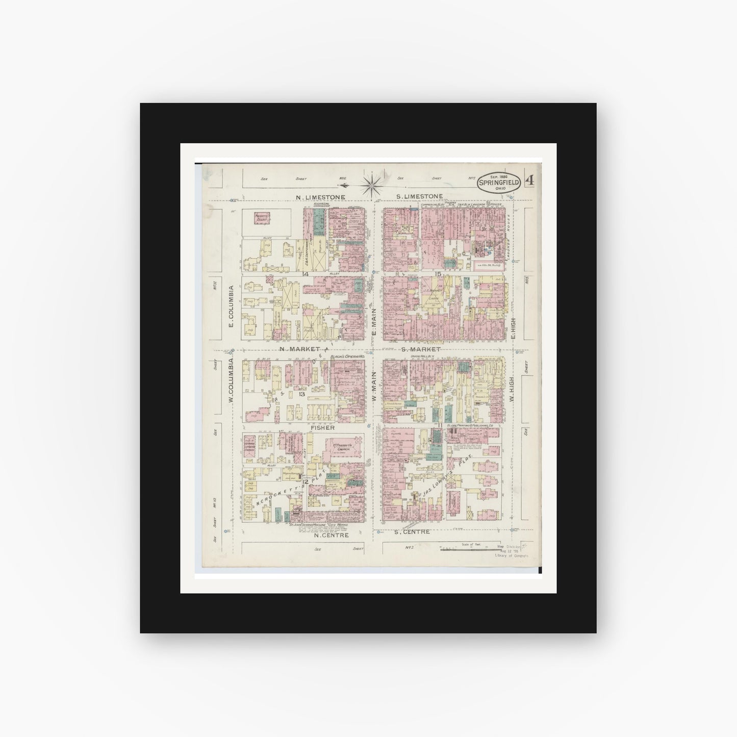 Old map wall art mockup — black gallery frame with white mat — Sanborn Fire Insurance Map from Springfield, Clark County, Ohio (1886), Sheet #0004