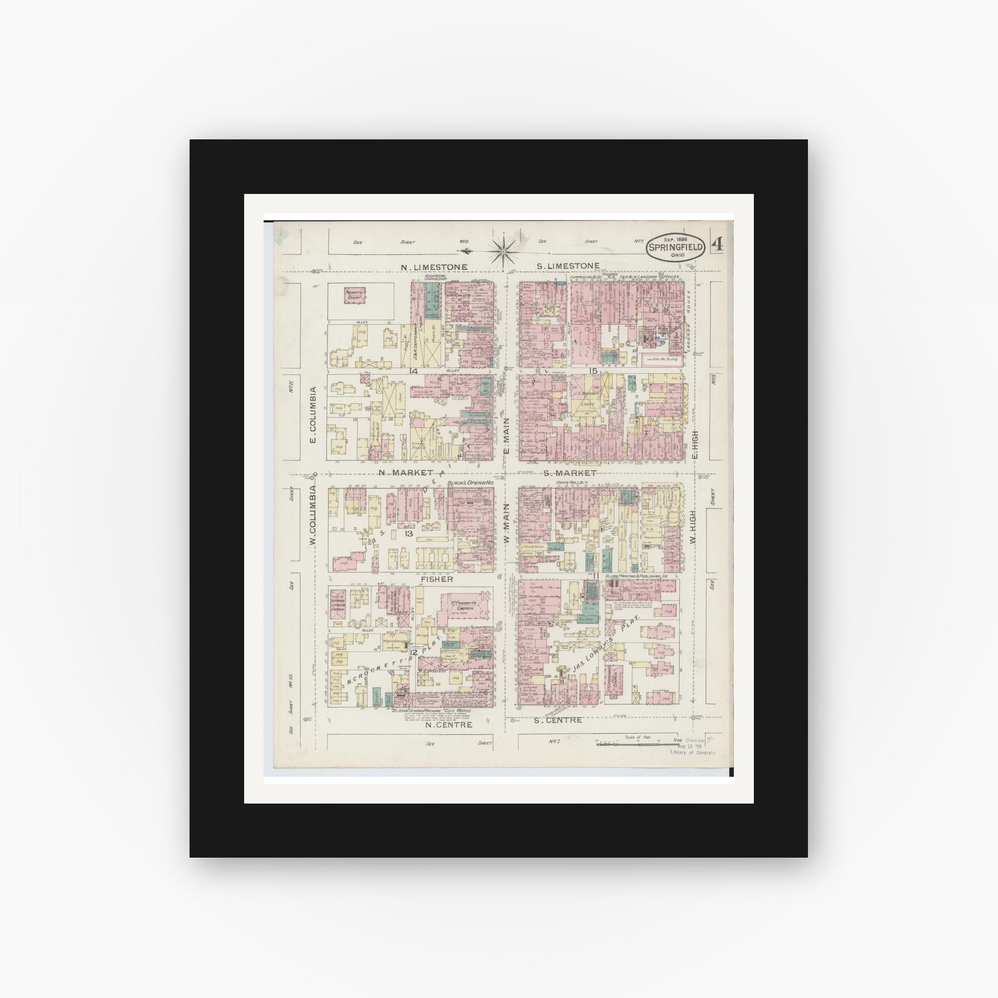 Old map wall art mockup — black gallery frame with white mat — Sanborn Fire Insurance Map from Springfield, Clark County, Ohio (1886), Sheet #0004