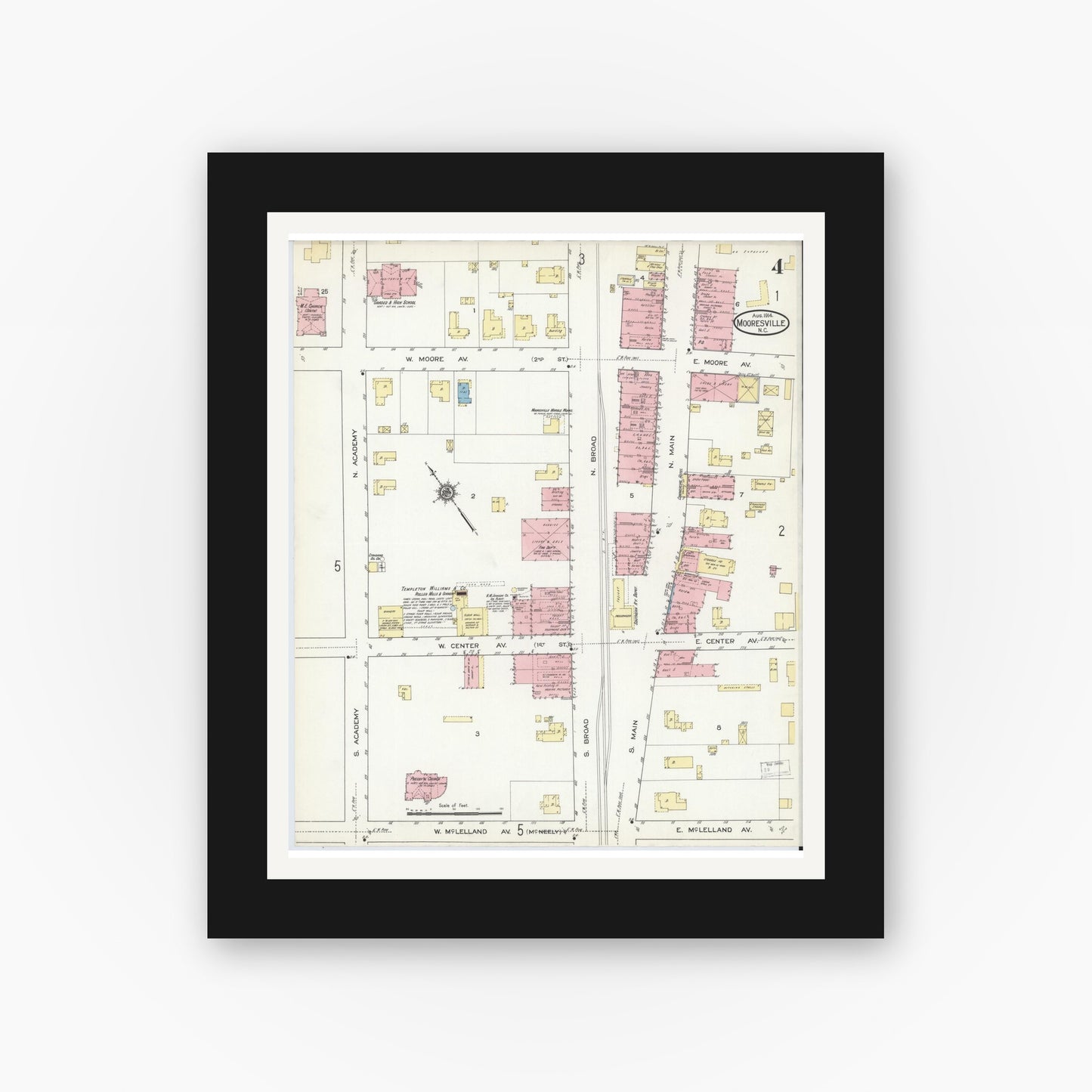 Old map wall art mockup — black gallery frame with white mat — Sanborn Fire Insurance Map from Mooresville, Iredell County, North Carolina (1914), Sheet #0004