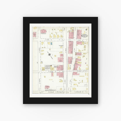 Old map wall art mockup — black gallery frame with white mat — Sanborn Fire Insurance Map from Mooresville, Iredell County, North Carolina (1914), Sheet #0004