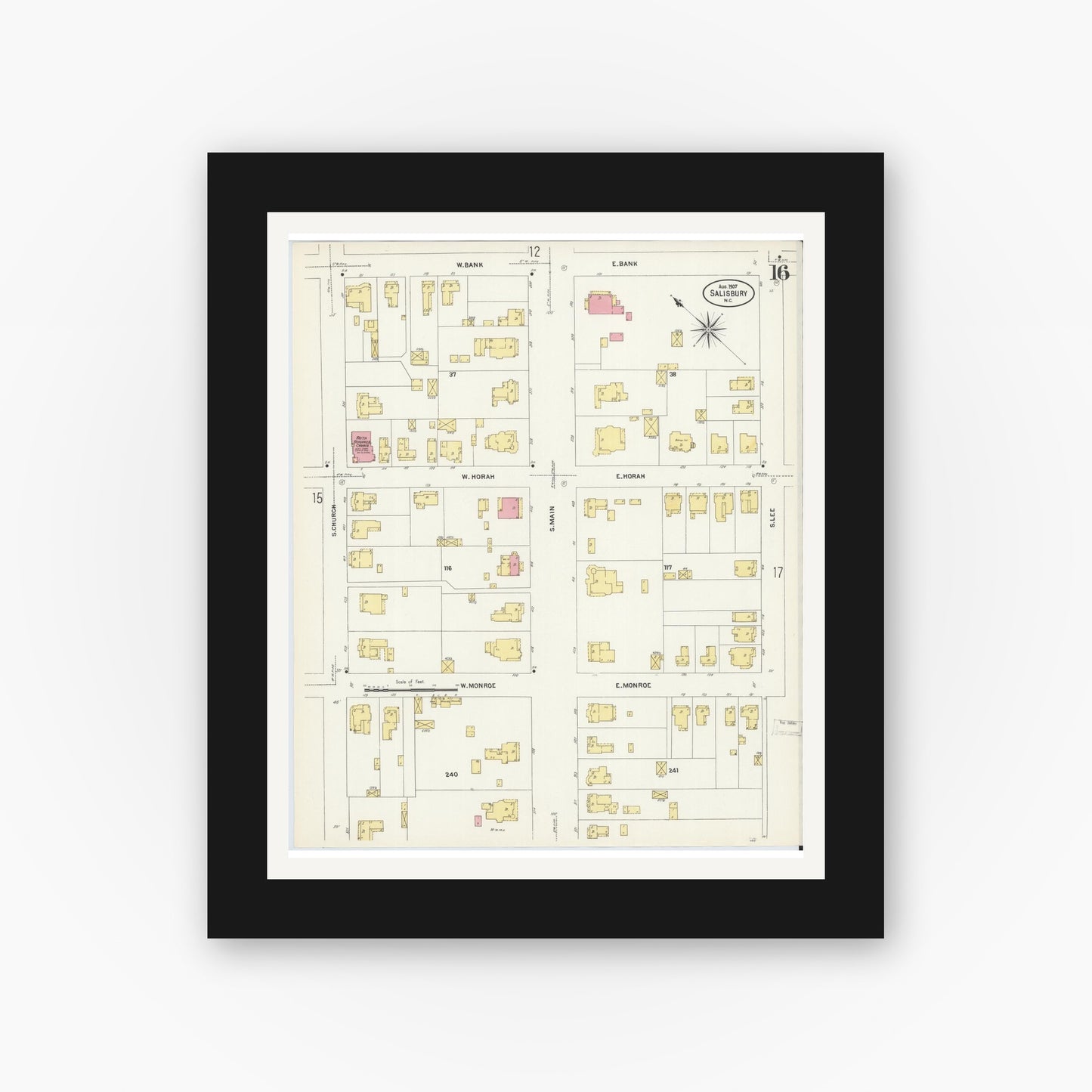 Old map wall art mockup — black gallery frame with white mat — Sanborn Fire Insurance Map from Salisbury, Rowan County, North Carolina (1907), Sheet #0016