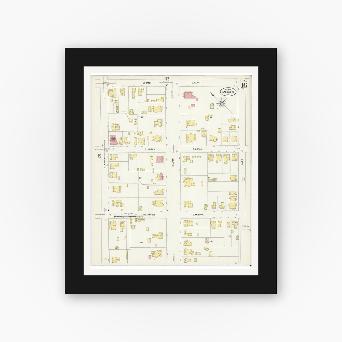 Old map wall art mockup — black gallery frame with white mat — Sanborn Fire Insurance Map from Salisbury, Rowan County, North Carolina (1907), Sheet #0016