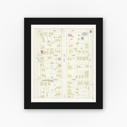 Old map wall art mockup — black gallery frame with white mat — Sanborn Fire Insurance Map from Salisbury, Rowan County, North Carolina (1907), Sheet #0016