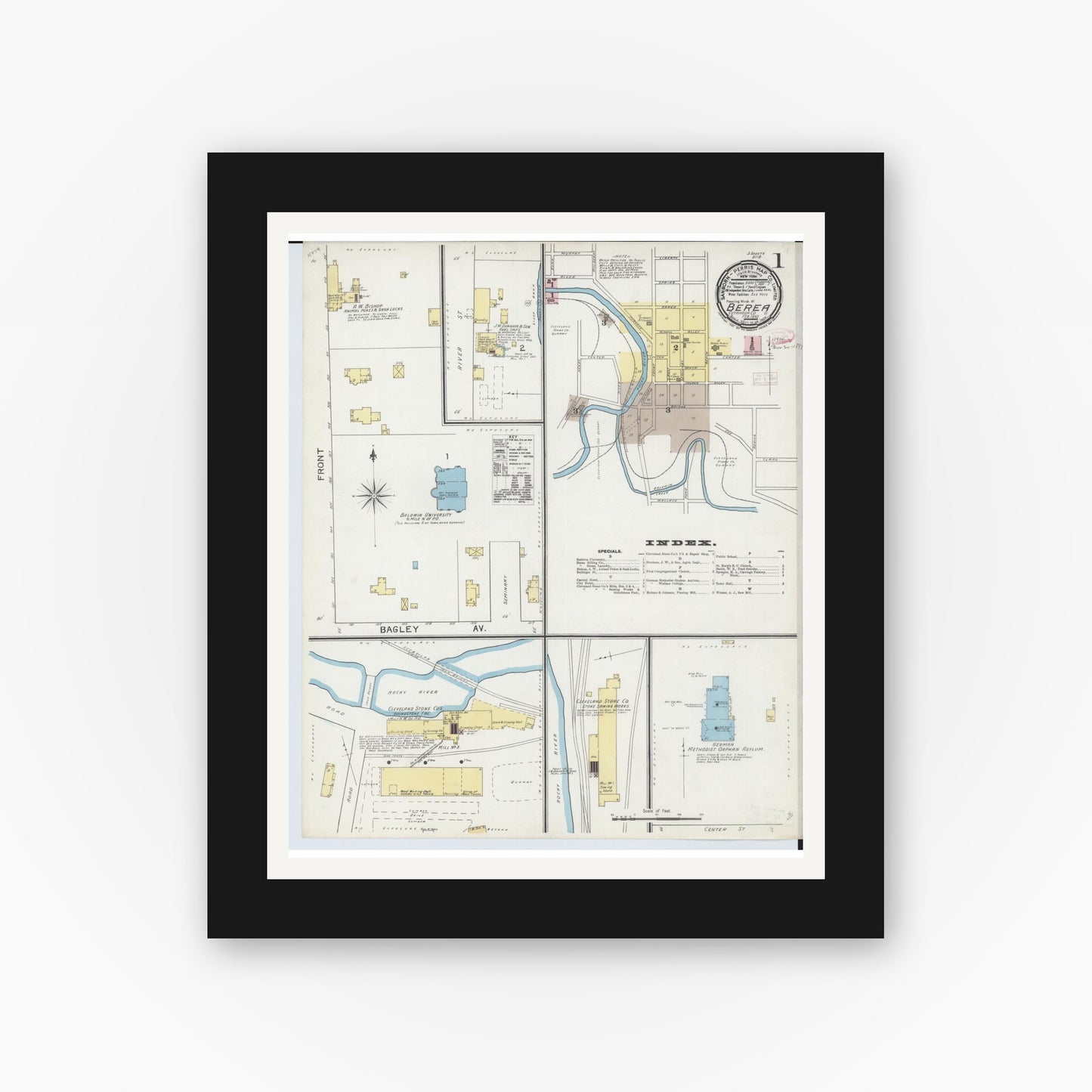Old map wall art mockup — black gallery frame with white mat — Sanborn Fire Insurance Map from Berea, Cuyahoga County, Ohio (1893), Sheet #0001