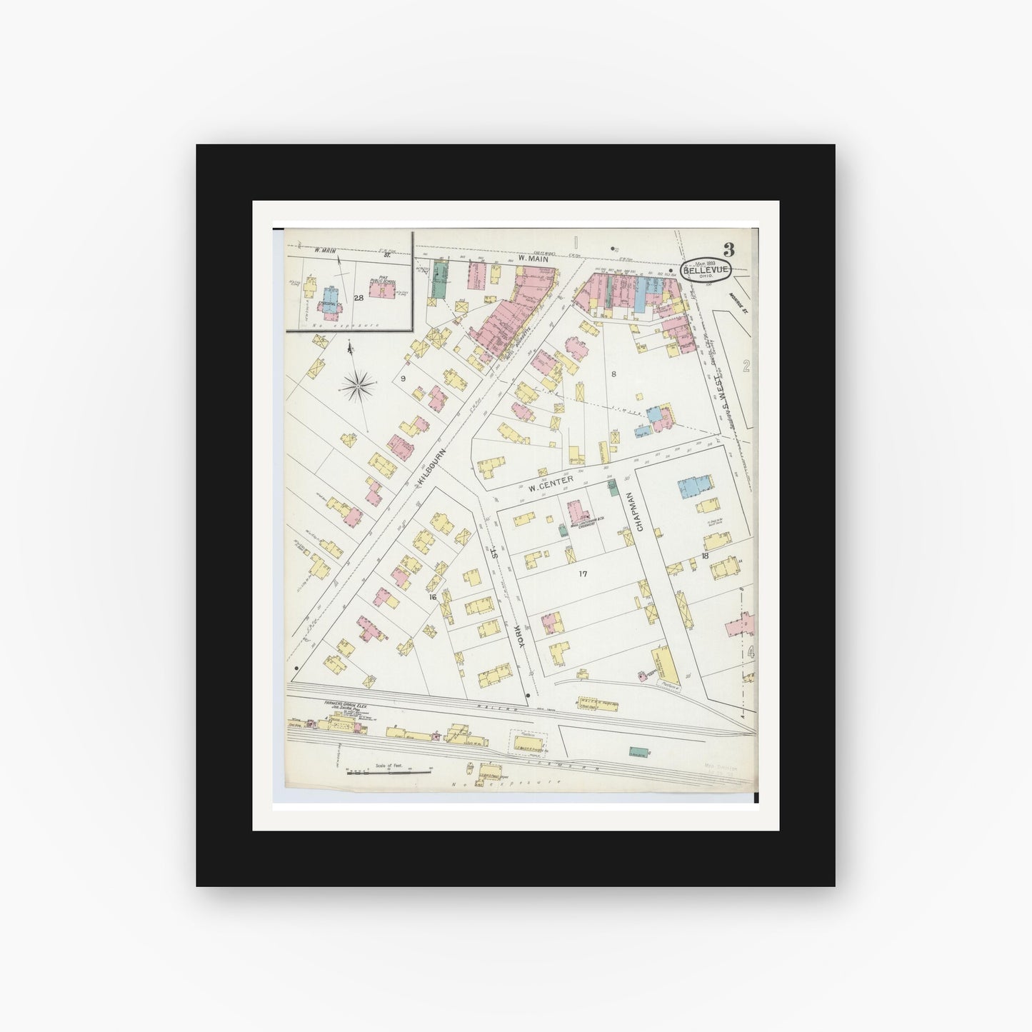 Old map wall art mockup — black gallery frame with white mat — Sanborn Fire Insurance Map from Bellevue, Huron And Sandusky County, Ohio (1893), Sheet #0003