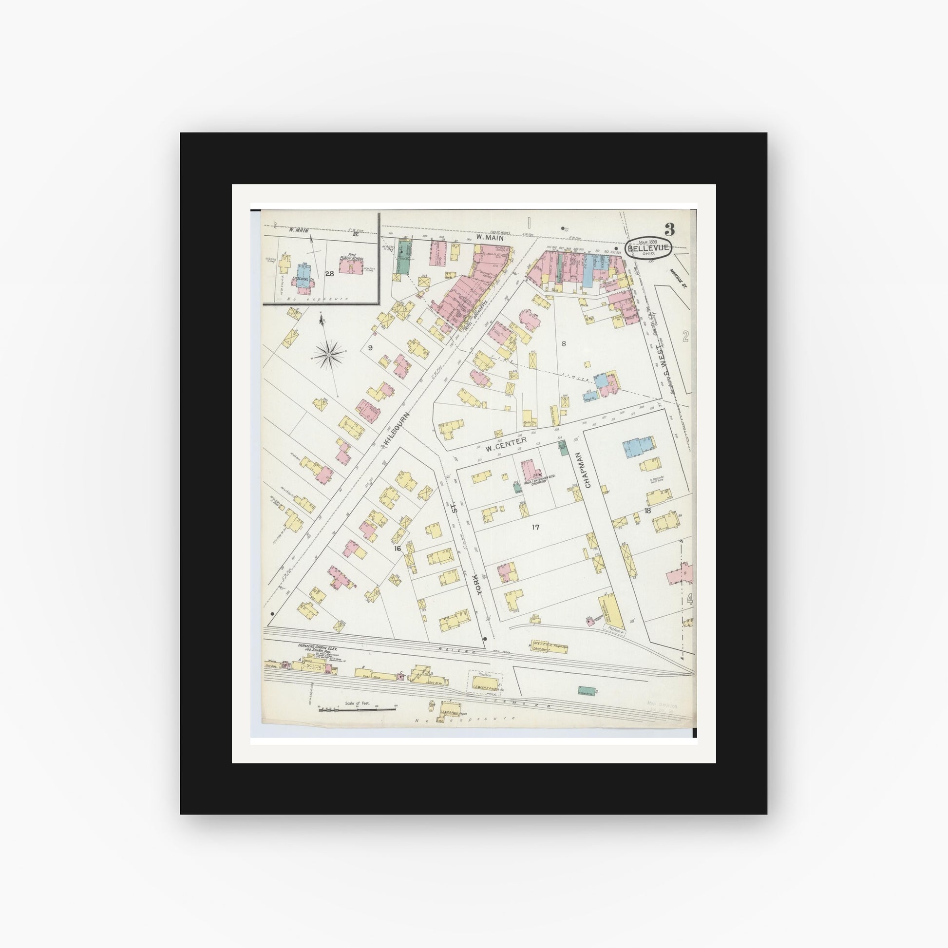 Old map wall art mockup — black gallery frame with white mat — Sanborn Fire Insurance Map from Bellevue, Huron And Sandusky County, Ohio (1893), Sheet #0003