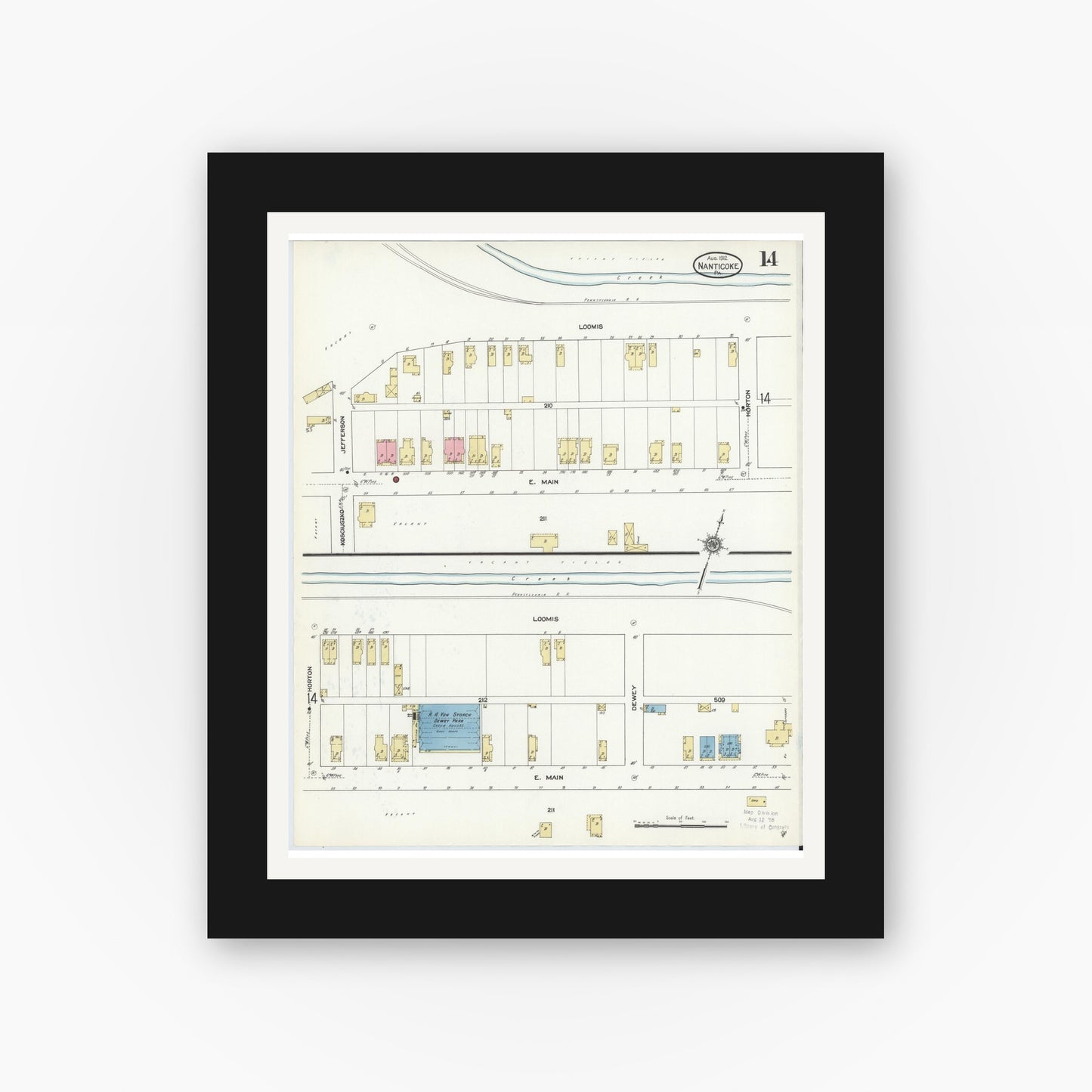 Old map wall art mockup — black gallery frame with white mat — Sanborn Fire Insurance Map from Nanticoke, Luzerne County, Pennsylvania (1912), Sheet #0014