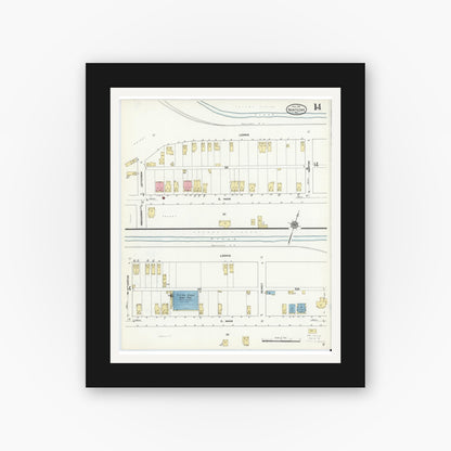 Old map wall art mockup — black gallery frame with white mat — Sanborn Fire Insurance Map from Nanticoke, Luzerne County, Pennsylvania (1912), Sheet #0014