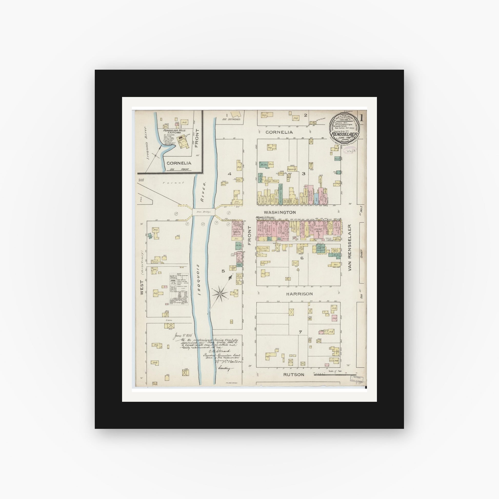 Old map wall art mockup — black gallery frame with white mat — Sanborn Fire Insurance Map from Rensselaer, Jasper County, Indiana (1886) - Complete Map Set