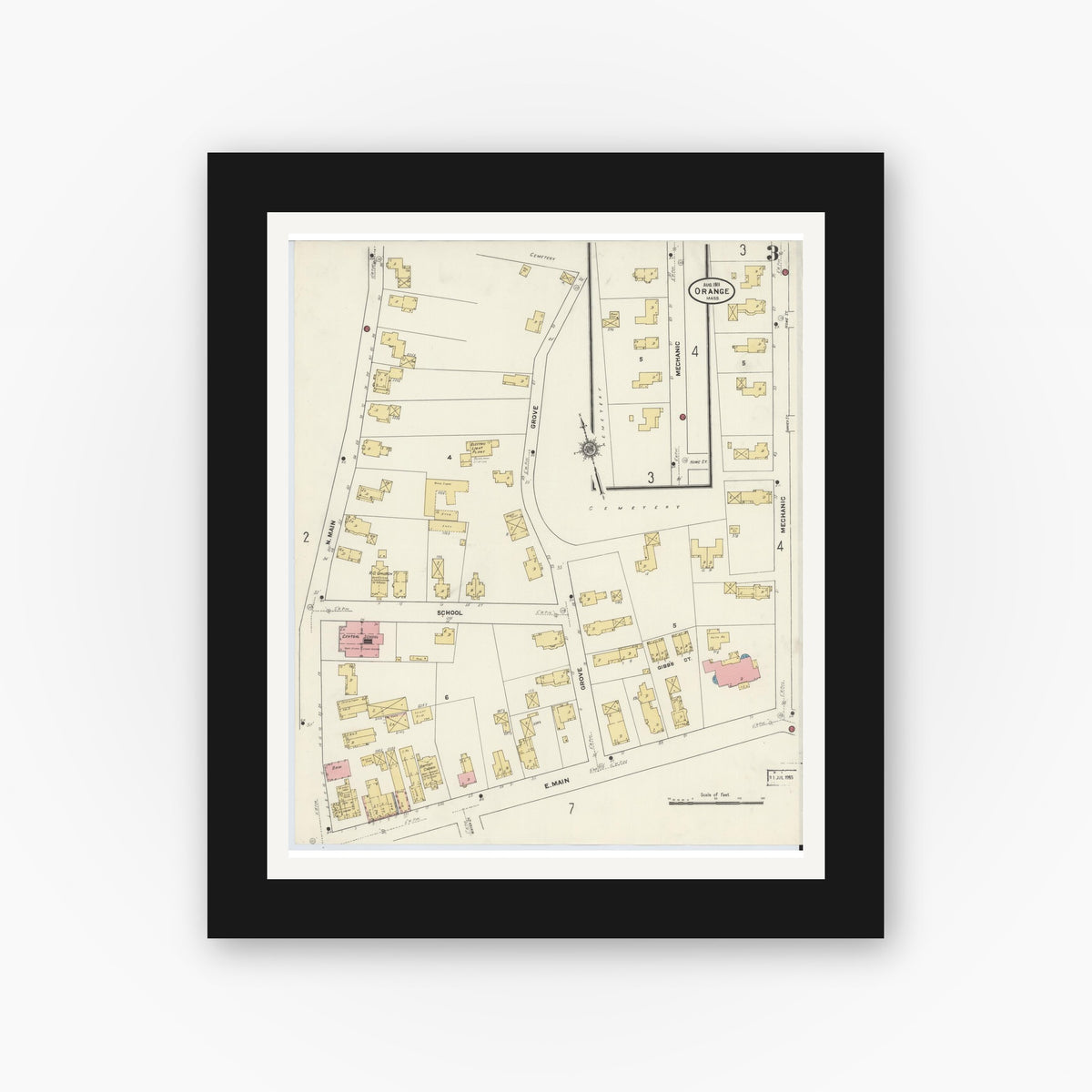 Old map wall art mockup — black gallery frame with white mat — Sanborn Fire Insurance Map from Orange, Franklin County, Massachusetts (1911), Sheet #0003