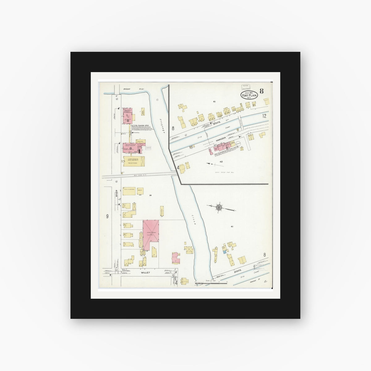 Old map wall art mockup — black gallery frame with white mat — Sanborn Fire Insurance Map from Fort Plain, Montgomery County, New York (1912), Sheet #0008