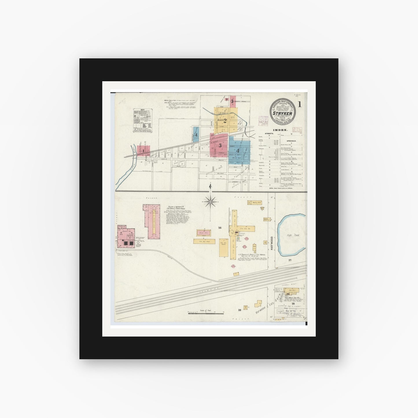 Old map wall art mockup — black gallery frame with white mat — Sanborn Fire Insurance Map from Stryker, Williams County, Ohio (1905) - Complete Map Set