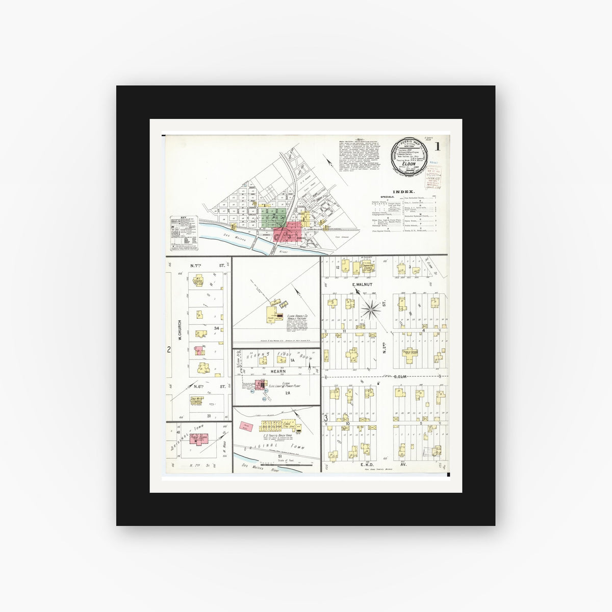 Old map wall art mockup — black gallery frame with white mat — Sanborn Fire Insurance Map from Eldon, Wapello County, Iowa (1900) â€” Complete Set
