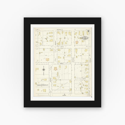 Old map wall art mockup — black gallery frame with white mat — Sanborn Fire Insurance Map from Bloomfield, Greene County, Indiana (1913), Sheet #0005