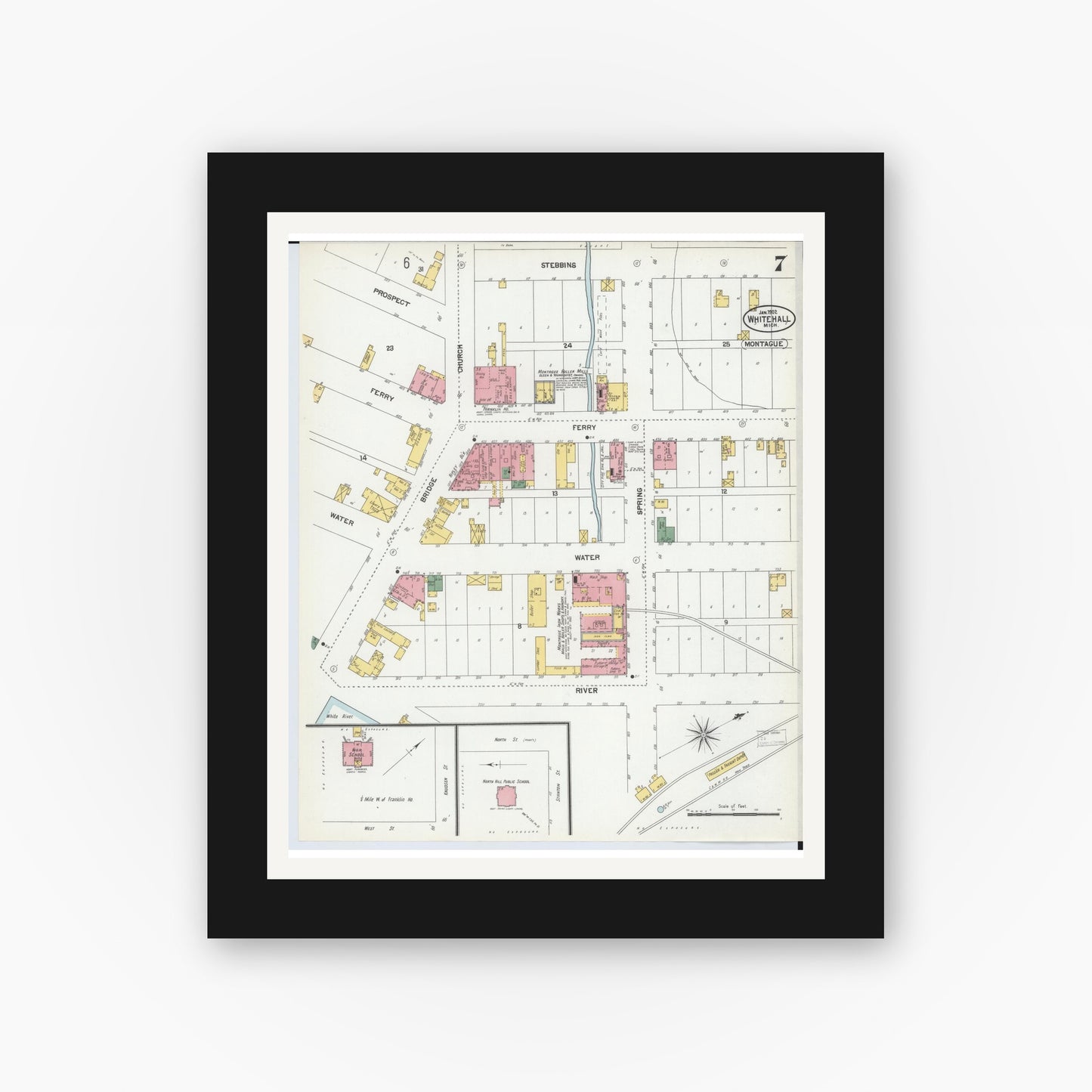 Old map wall art mockup — black gallery frame with white mat — Sanborn Fire Insurance Map from Whitehall, Muskegon County, Michigan (1902), Sheet #0007