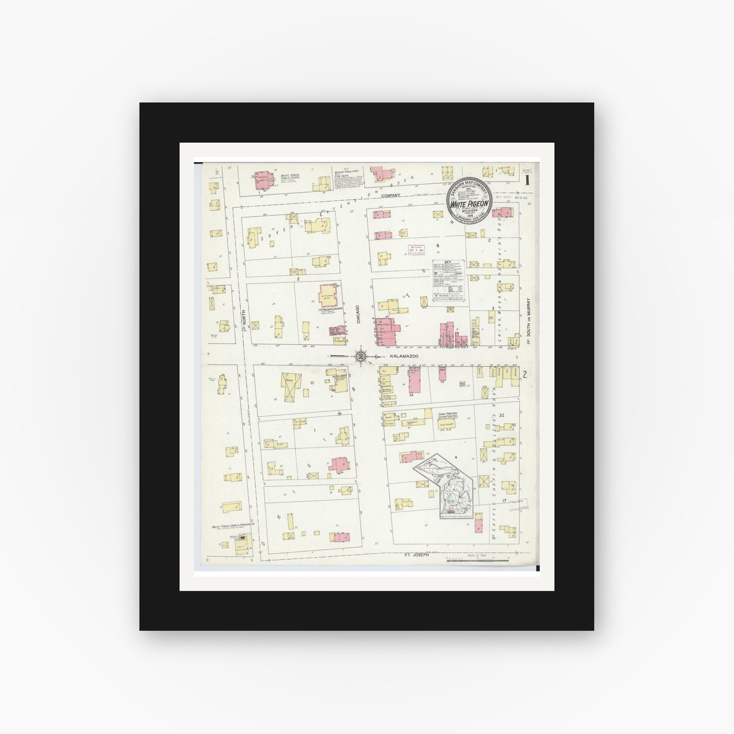 Old map wall art mockup — black gallery frame with white mat — Sanborn Fire Insurance Map from White Pigeon, Saint Joseph County, Michigan (1914) - Complete Map Set