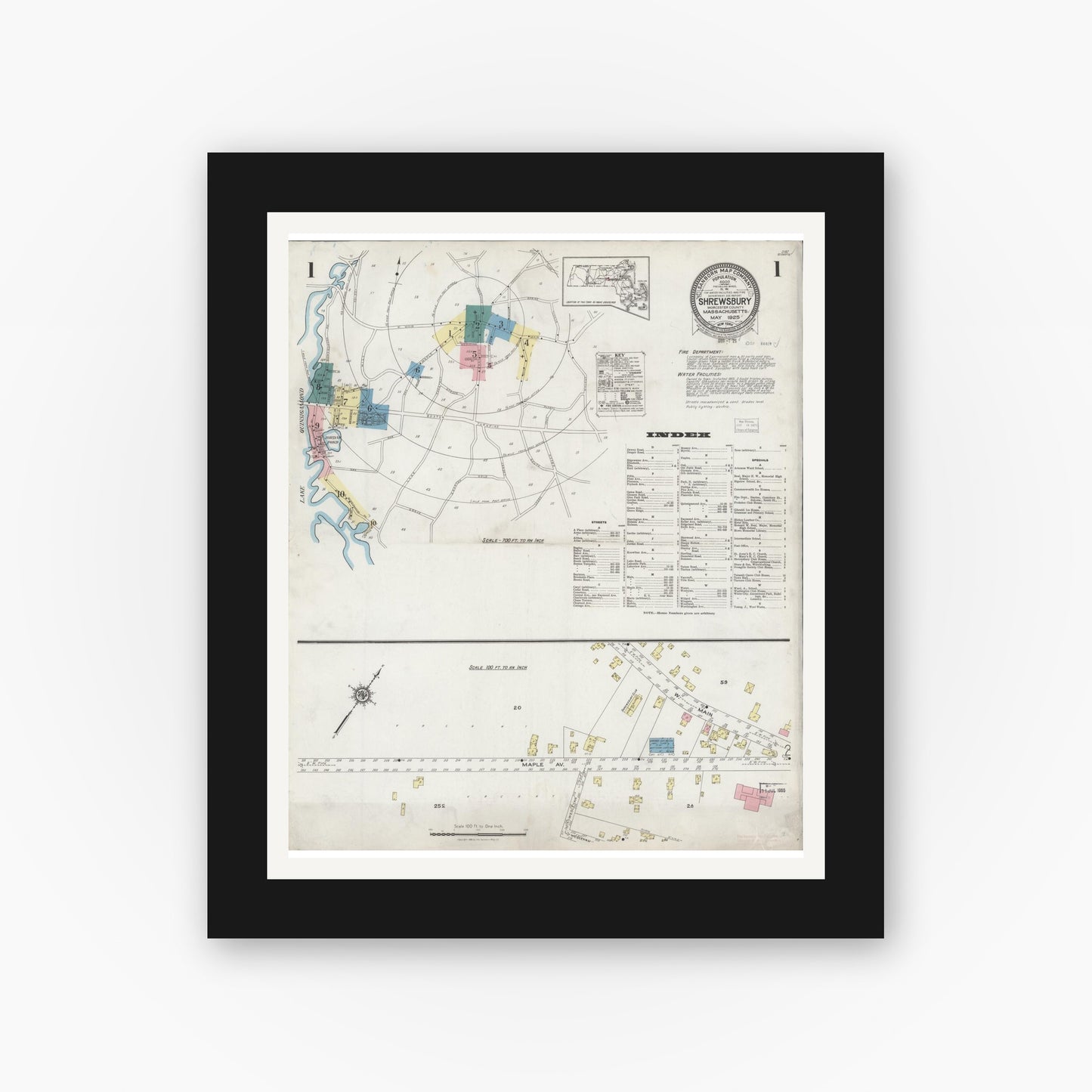 Old map wall art mockup — black gallery frame with white mat — Sanborn Fire Insurance Map from Shrewsbury, Worcester County, Massachusetts (1925) - Complete Map Set