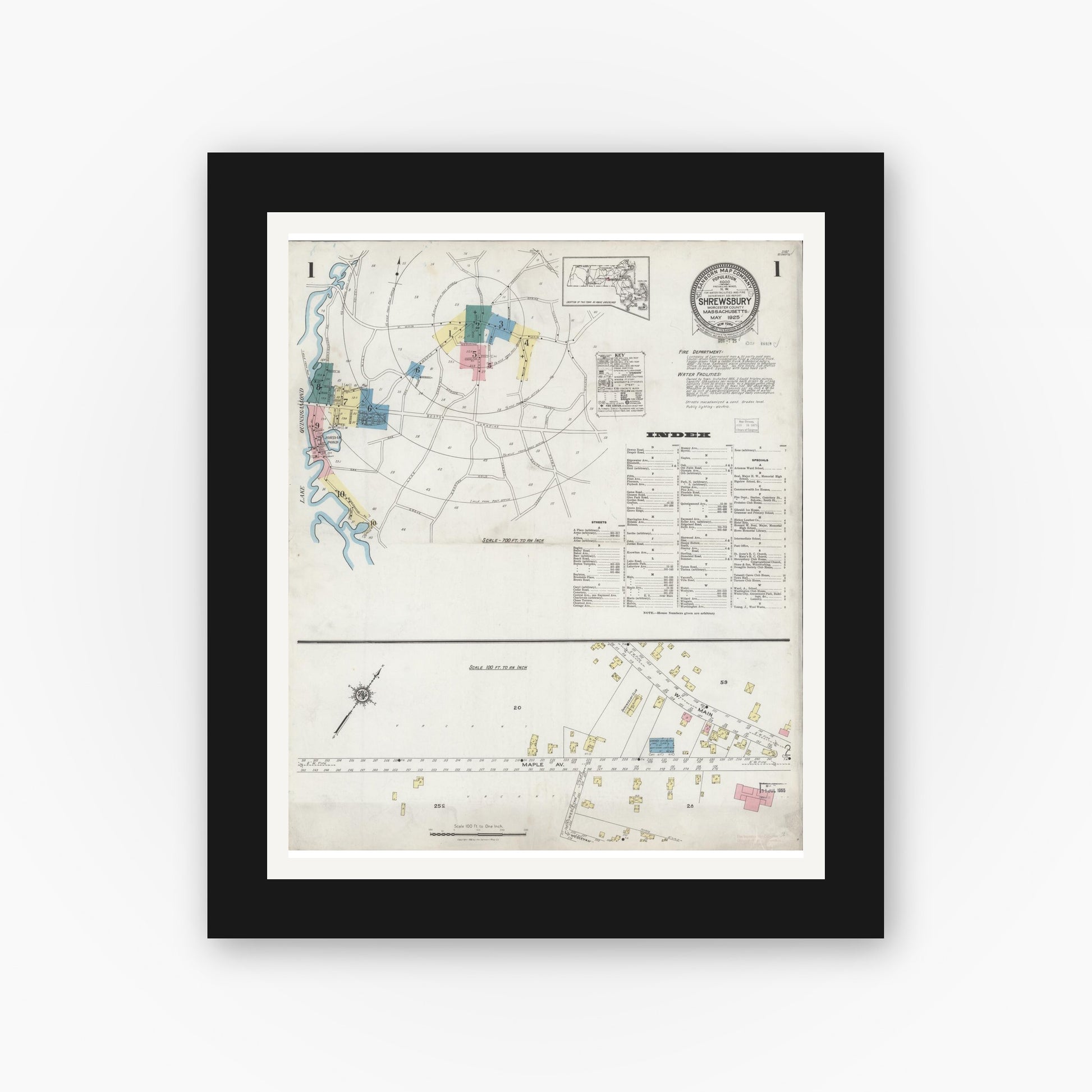 Old map wall art mockup — black gallery frame with white mat — Sanborn Fire Insurance Map from Shrewsbury, Worcester County, Massachusetts (1925) - Complete Map Set