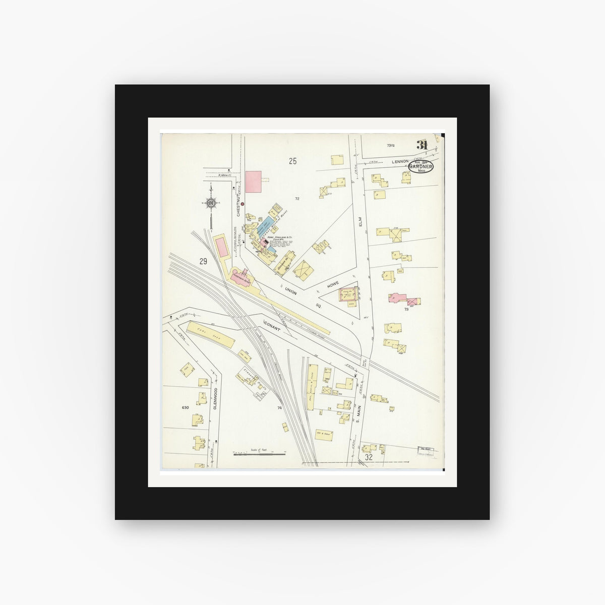 Old map wall art mockup — black gallery frame with white mat — Sanborn Fire Insurance Map from Gardner, Worcester County, Massachusetts (1914), Sheet #0031