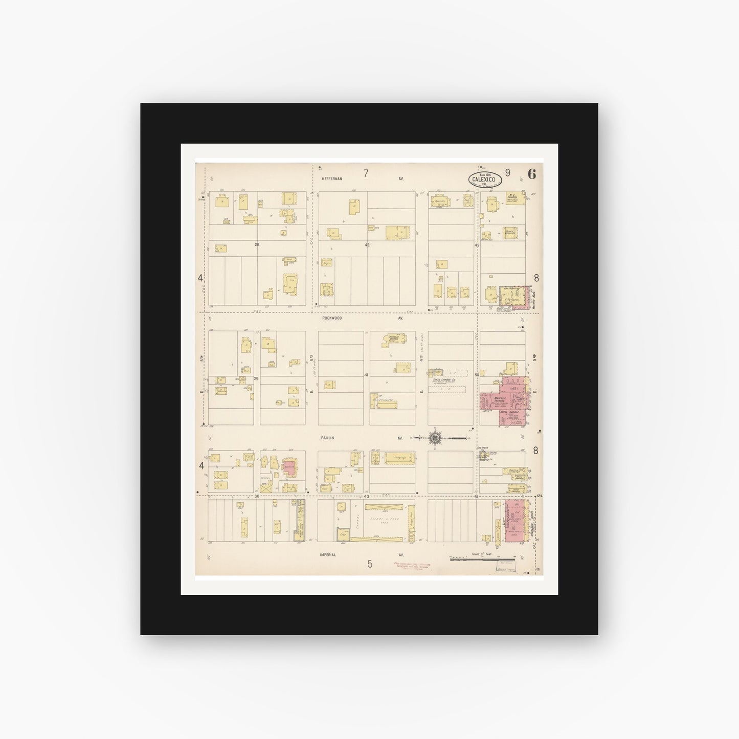 Old map wall art mockup — black gallery frame with white mat — Sanborn Fire Insurance Map from Calexico, Imperial County, California (1916), Sheet #0006