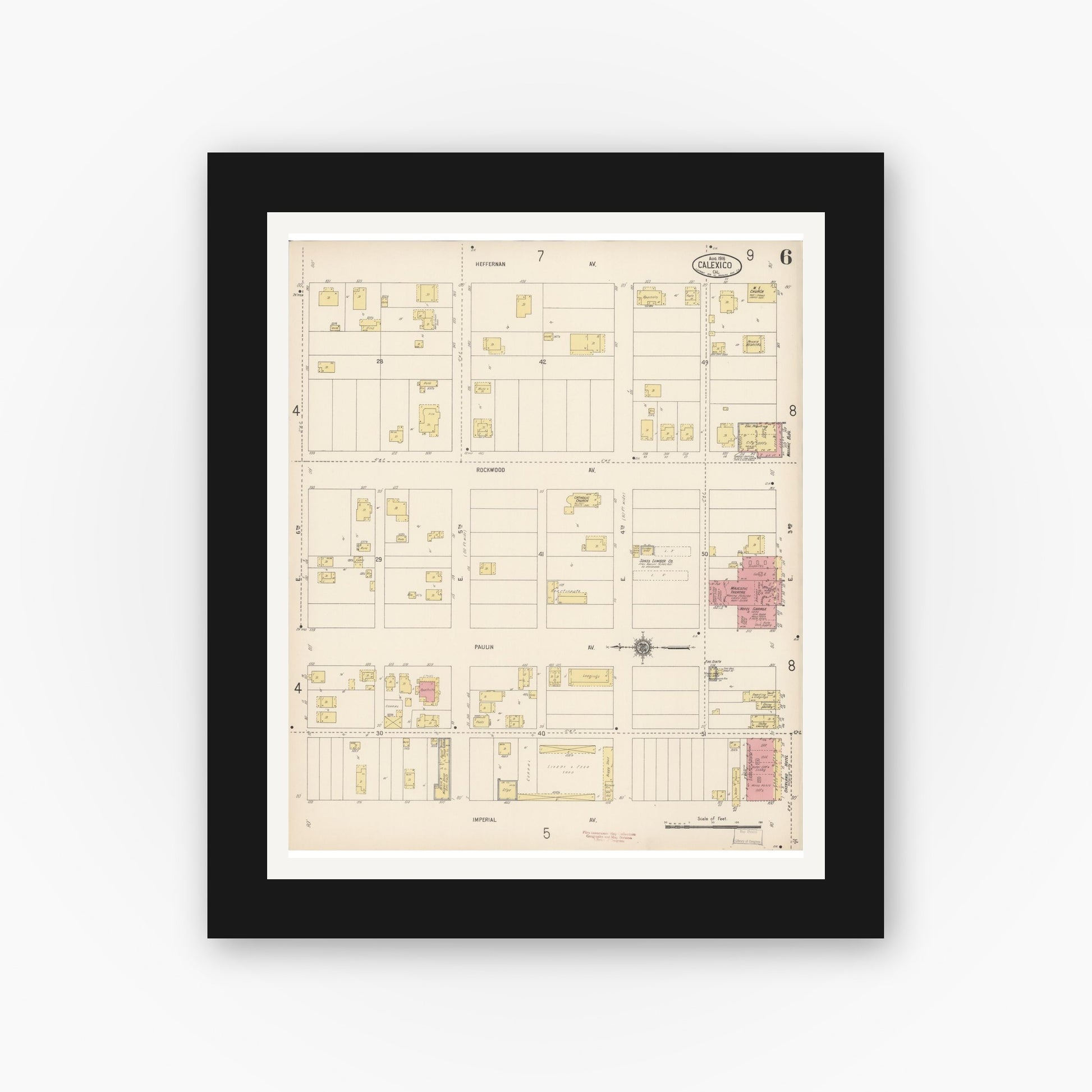 Old map wall art mockup — black gallery frame with white mat — Sanborn Fire Insurance Map from Calexico, Imperial County, California (1916), Sheet #0006