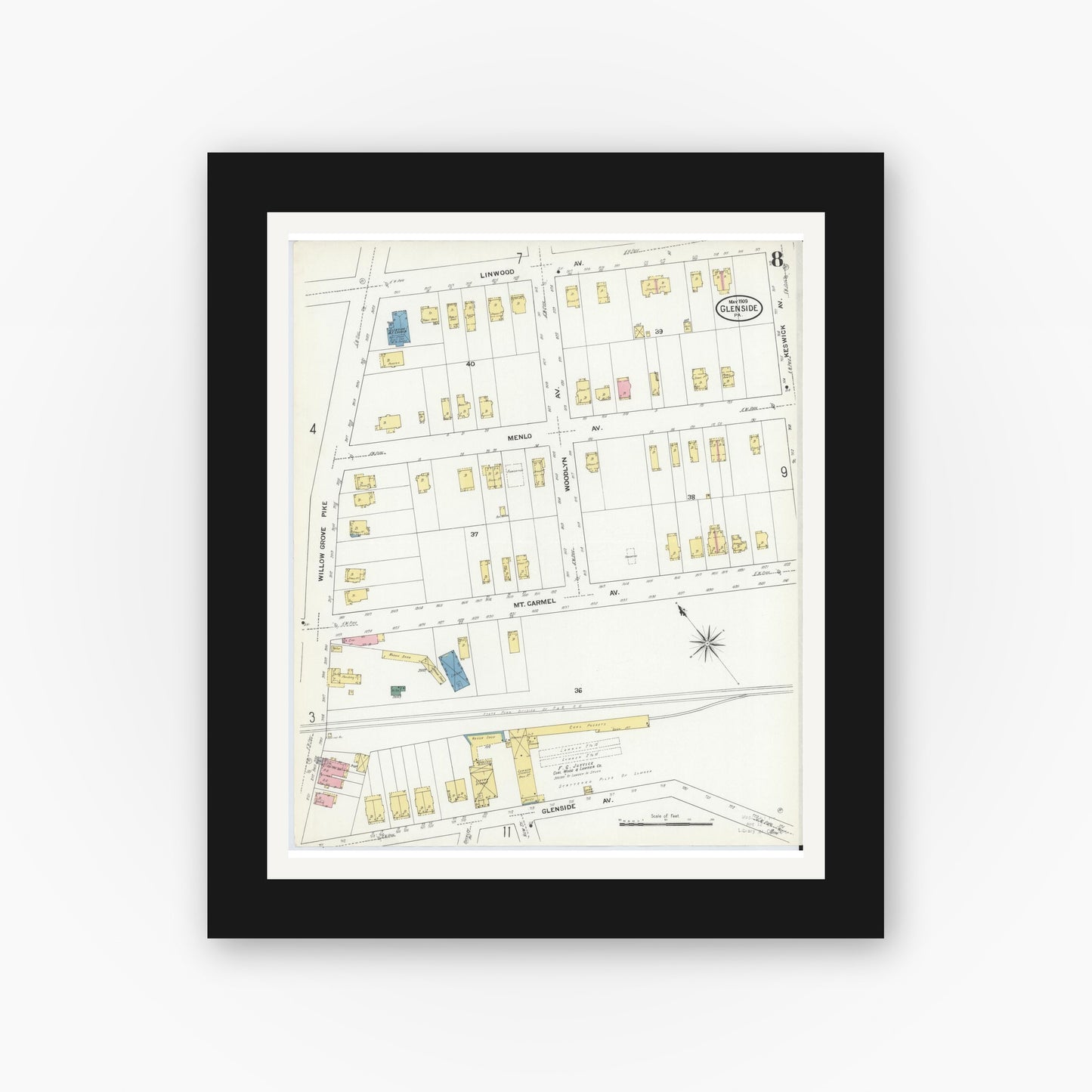 Old map wall art mockup — black gallery frame with white mat — Sanborn Fire Insurance Map from Glenside, Montgomery County, Pennsylvania (1909), Sheet #0008