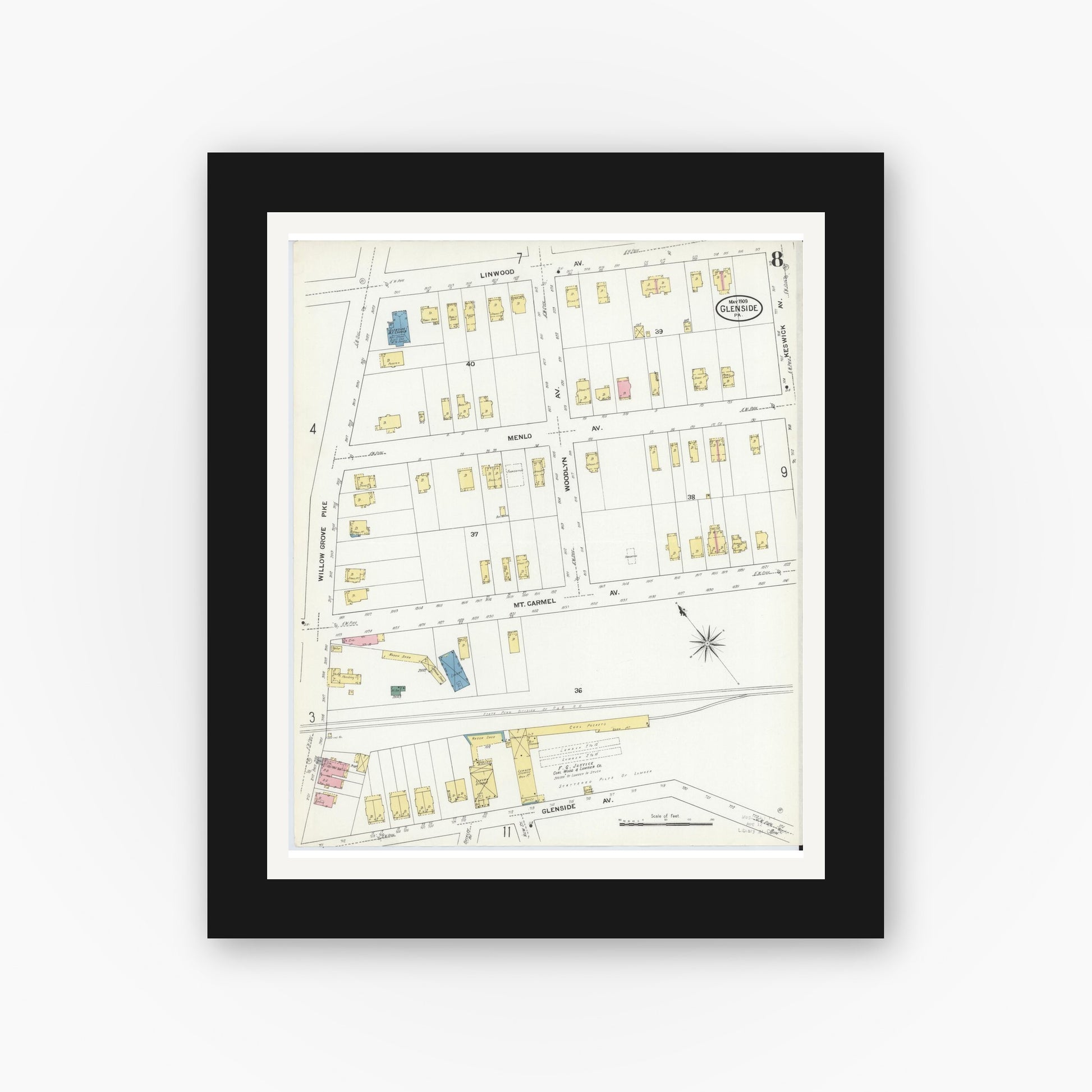 Old map wall art mockup — black gallery frame with white mat — Sanborn Fire Insurance Map from Glenside, Montgomery County, Pennsylvania (1909), Sheet #0008