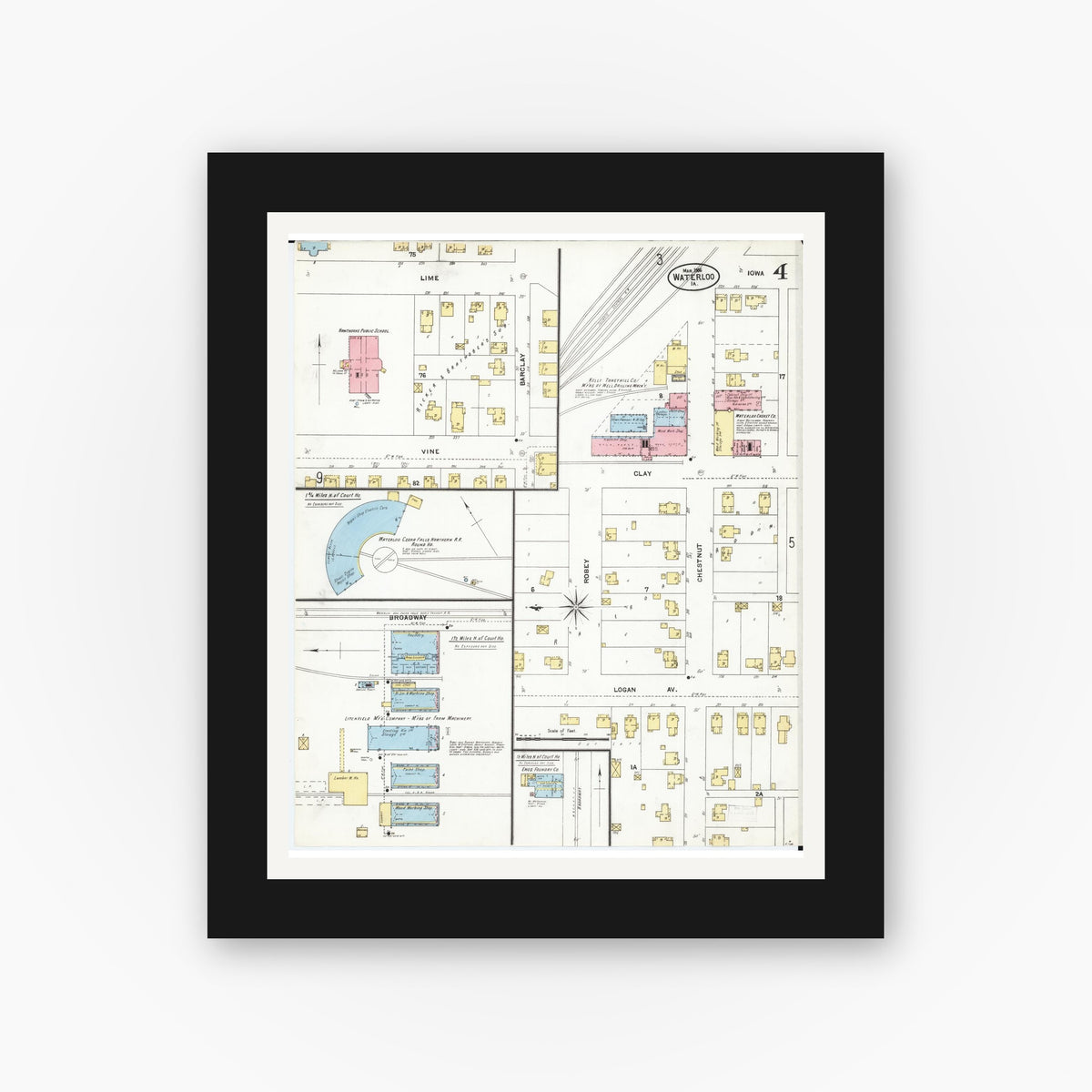 Old map wall art mockup — black gallery frame with white mat — Sanborn Fire Insurance Map from Waterloo, Black Hawk County, Iowa (1906), Sheet #0004