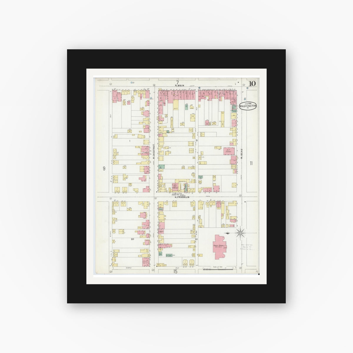 Old map wall art mockup — black gallery frame with white mat — Sanborn Fire Insurance Map from Washington, Washington County, Pennsylvania (1896), Sheet #0010