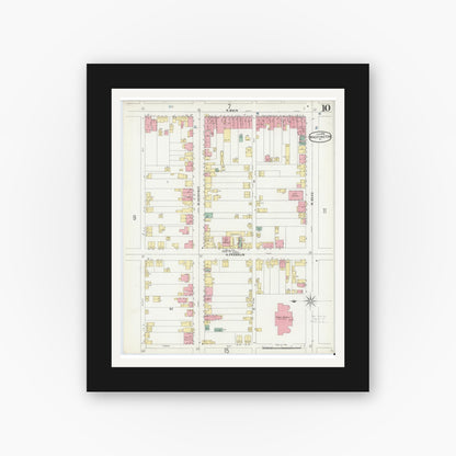 Old map wall art mockup — black gallery frame with white mat — Sanborn Fire Insurance Map from Washington, Washington County, Pennsylvania (1896), Sheet #0010