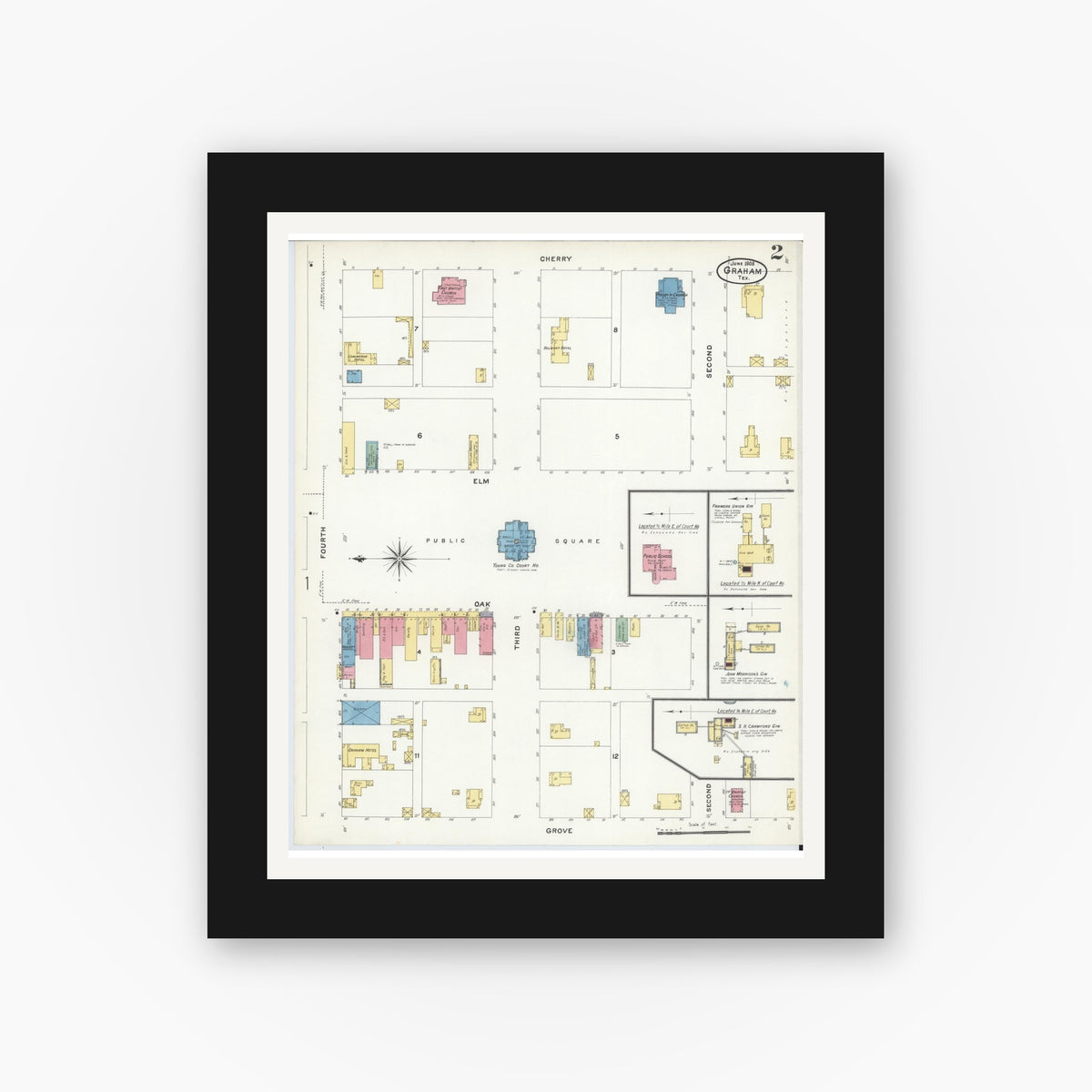 Old map wall art mockup — black gallery frame with white mat — Sanborn Fire Insurance Map from Graham, Young County, Texas (1908), Sheet #0002