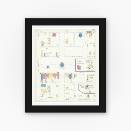 Old map wall art mockup — black gallery frame with white mat — Sanborn Fire Insurance Map from Graham, Young County, Texas (1908), Sheet #0002