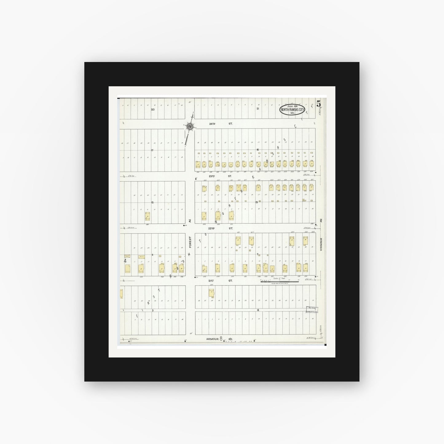 Old map wall art mockup — black gallery frame with white mat — Sanborn Fire Insurance Map from North Kansas City, Clay County, Missouri (1918), Sheet #0005