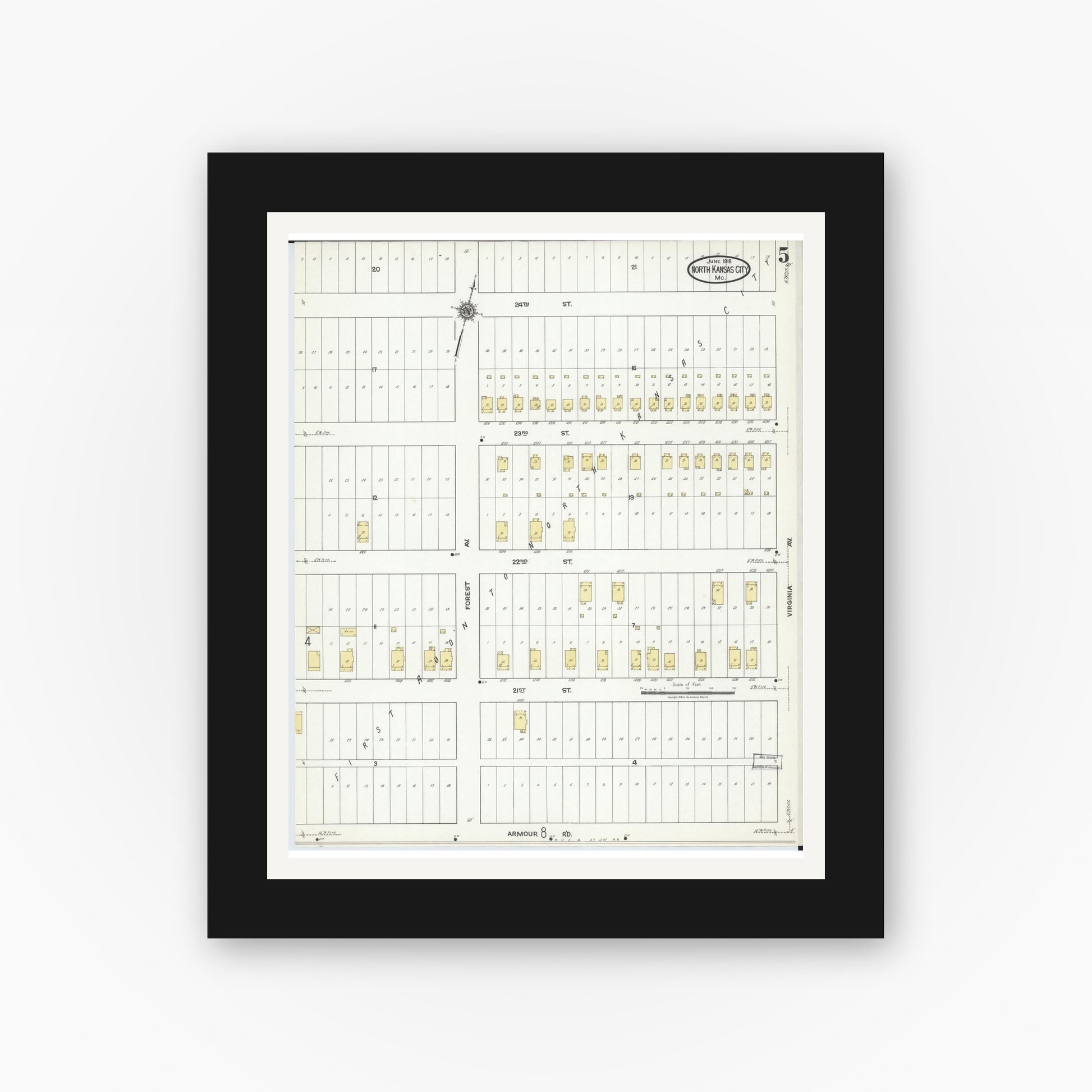 Old map wall art mockup — black gallery frame with white mat — Sanborn Fire Insurance Map from North Kansas City, Clay County, Missouri (1918), Sheet #0005