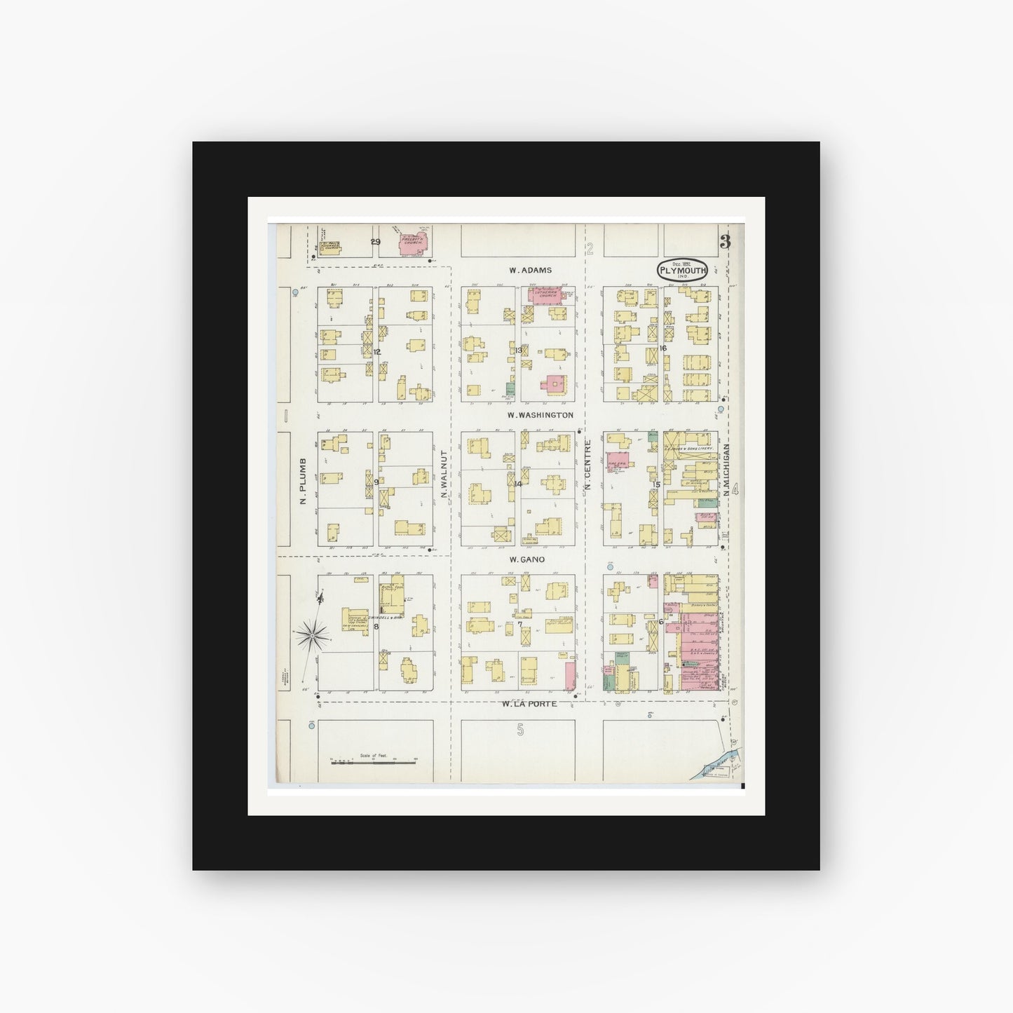 Old map wall art mockup — black gallery frame with white mat — Sanborn Fire Insurance Map from Plymouth, Marhshall County, Indiana (1892), Sheet #0003