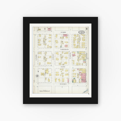 Old map wall art mockup — black gallery frame with white mat — Sanborn Fire Insurance Map from Plymouth, Marhshall County, Indiana (1892), Sheet #0003