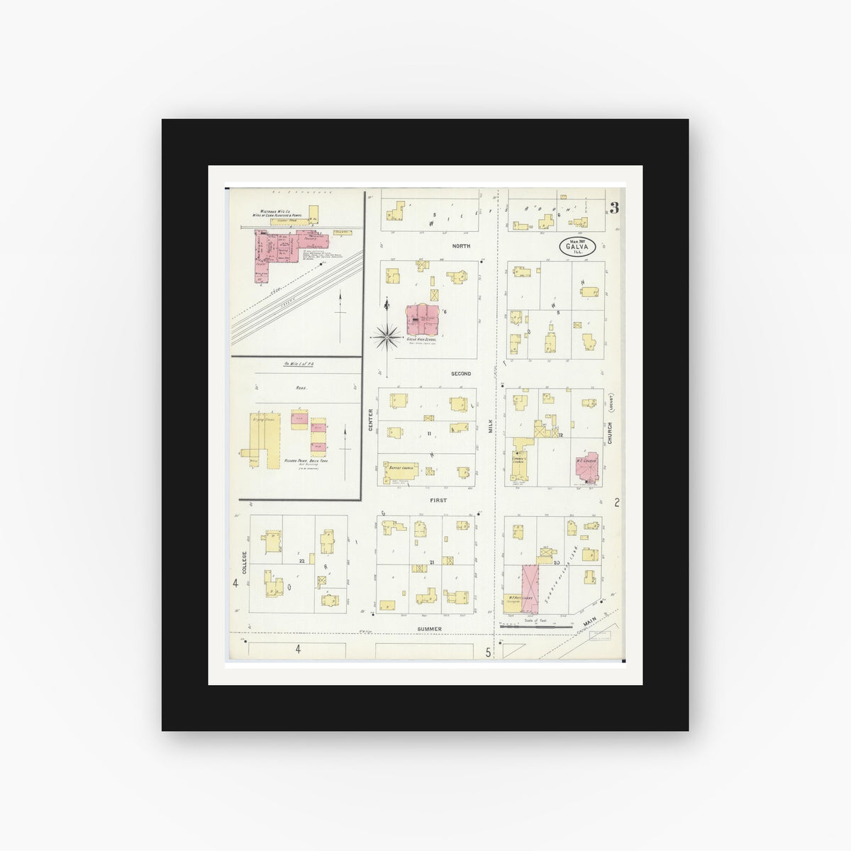 Old map wall art mockup — black gallery frame with white mat — Sanborn Fire Insurance Map from Galva, Henry County, Illinois (1907), Sheet #0003