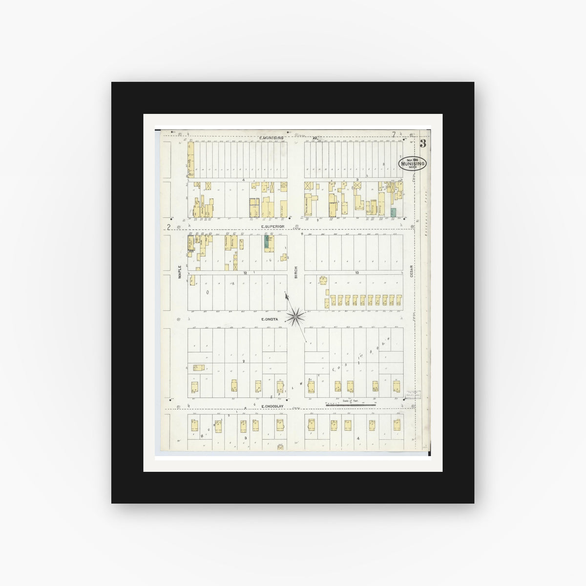 Old map wall art mockup — black gallery frame with white mat — Sanborn Fire Insurance Map from Munising, Alger County, Michigan (1906), Sheet #0003