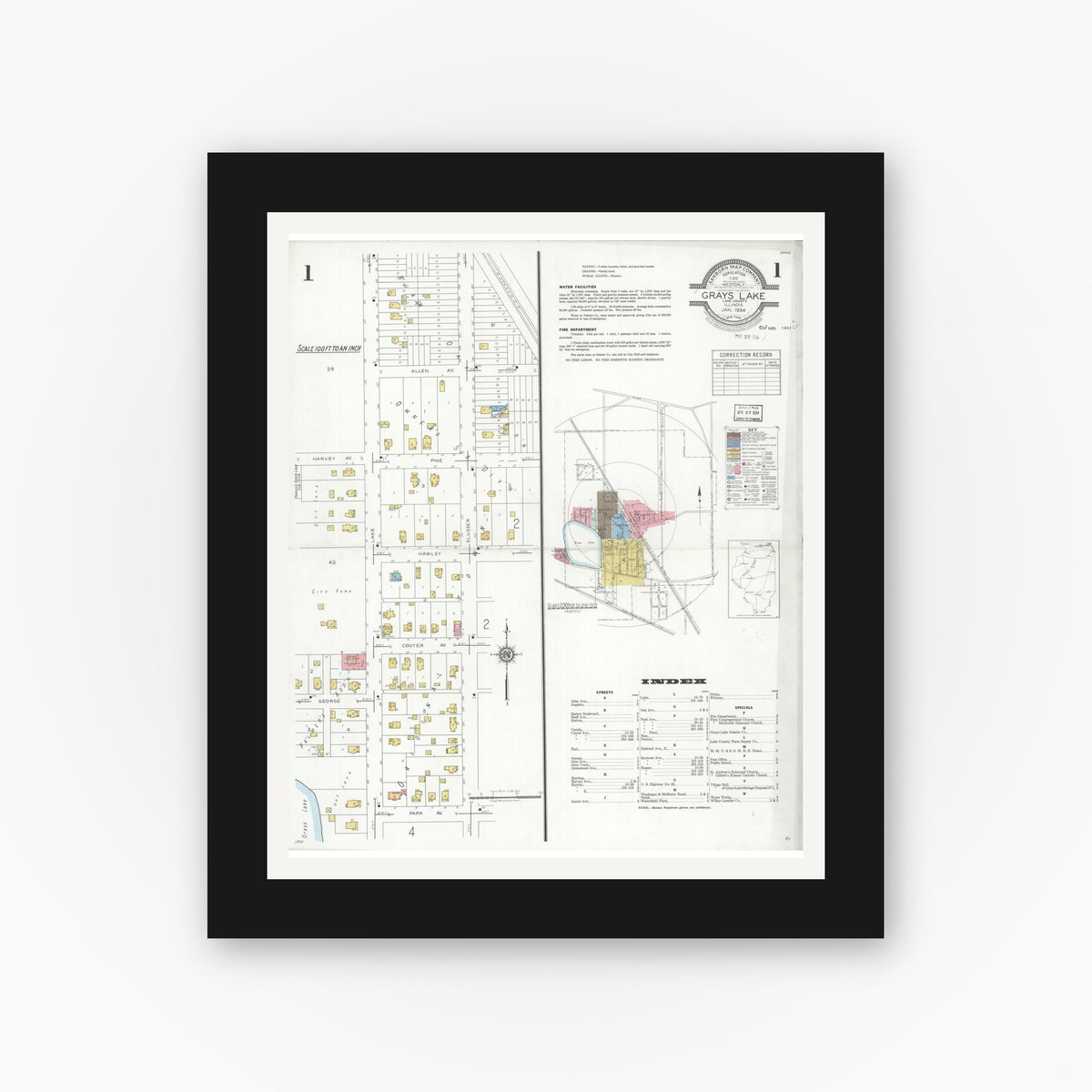 Old map wall art mockup — black gallery frame with white mat — Sanborn Fire Insurance Map from Grays Lake, Lake County, Illinois (1934) - Complete Map Set