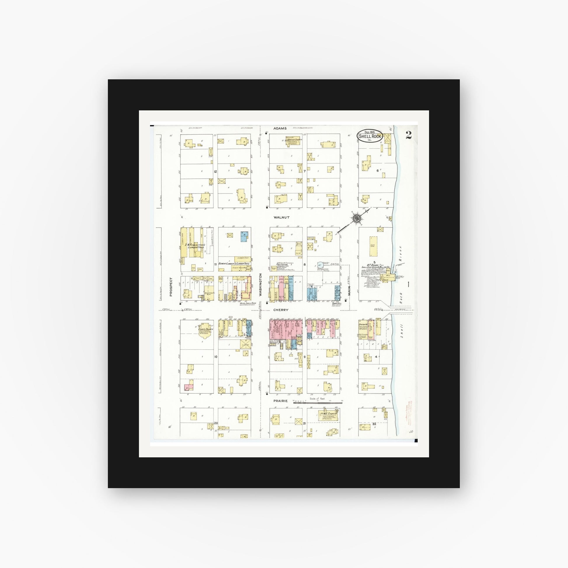 Old map wall art mockup — black gallery frame with white mat — Sanborn Fire Insurance Map from Shell Rock, Butler County, Iowa (1910), Sheet #0002