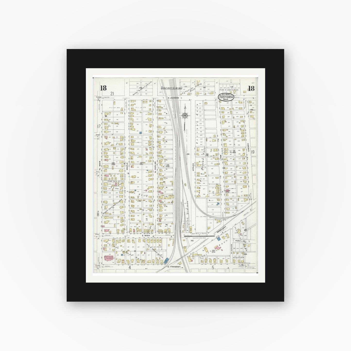 Old map wall art mockup — black gallery frame with white mat — Sanborn Fire Insurance Map from Fostoria, Seneca, Hancock, And Wood Counties, Ohio (1924), Sheet #0018