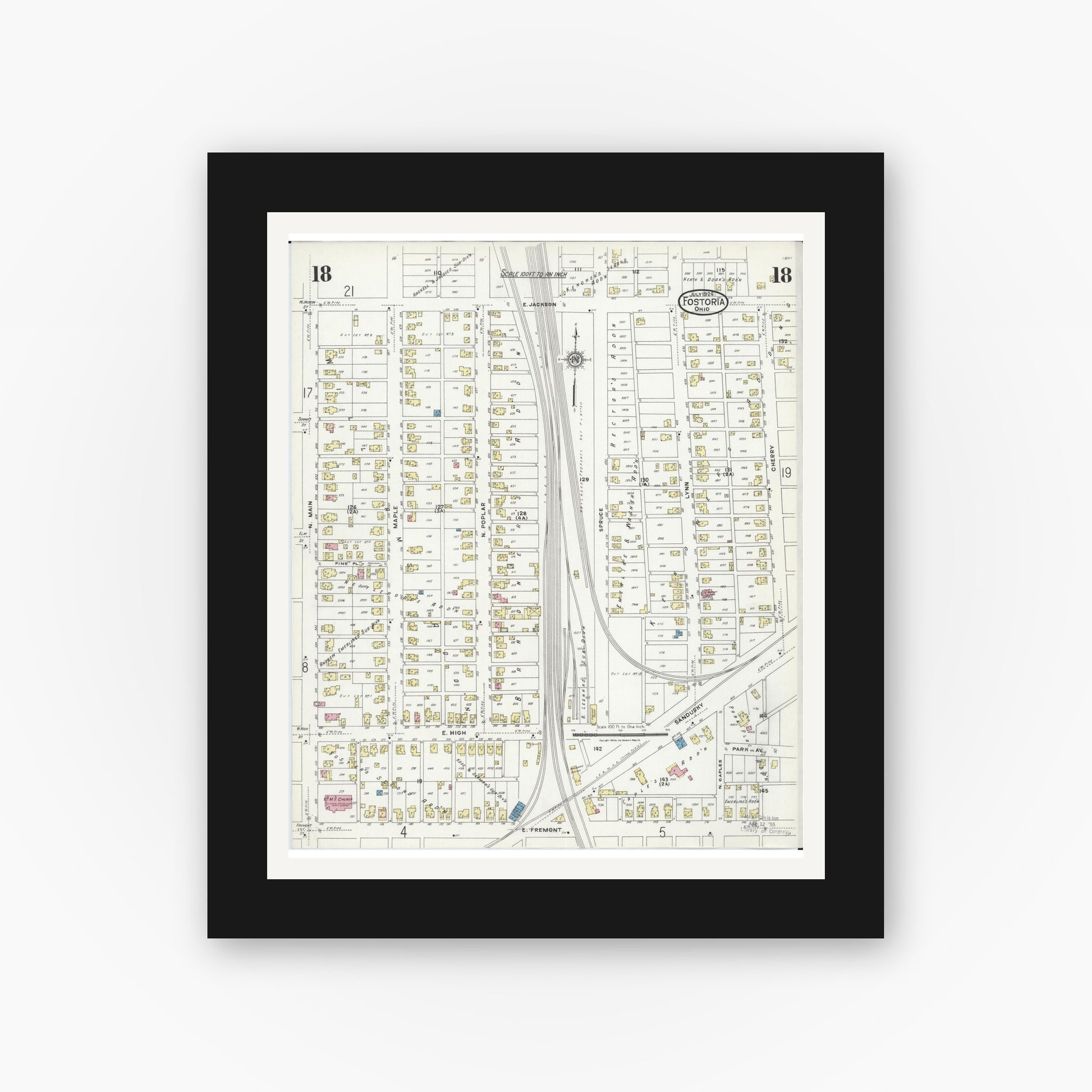 Old map wall art mockup — black gallery frame with white mat — Sanborn Fire Insurance Map from Fostoria, Seneca, Hancock, And Wood Counties, Ohio (1924), Sheet #0018