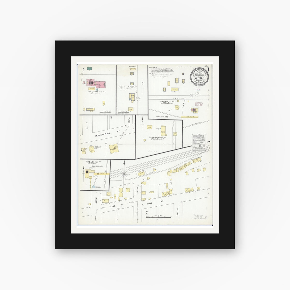 Old map wall art mockup — black gallery frame with white mat — Sanborn Fire Insurance Map from Buhl, Saint Louis County, Minnesota (1909) - Complete Map Set
