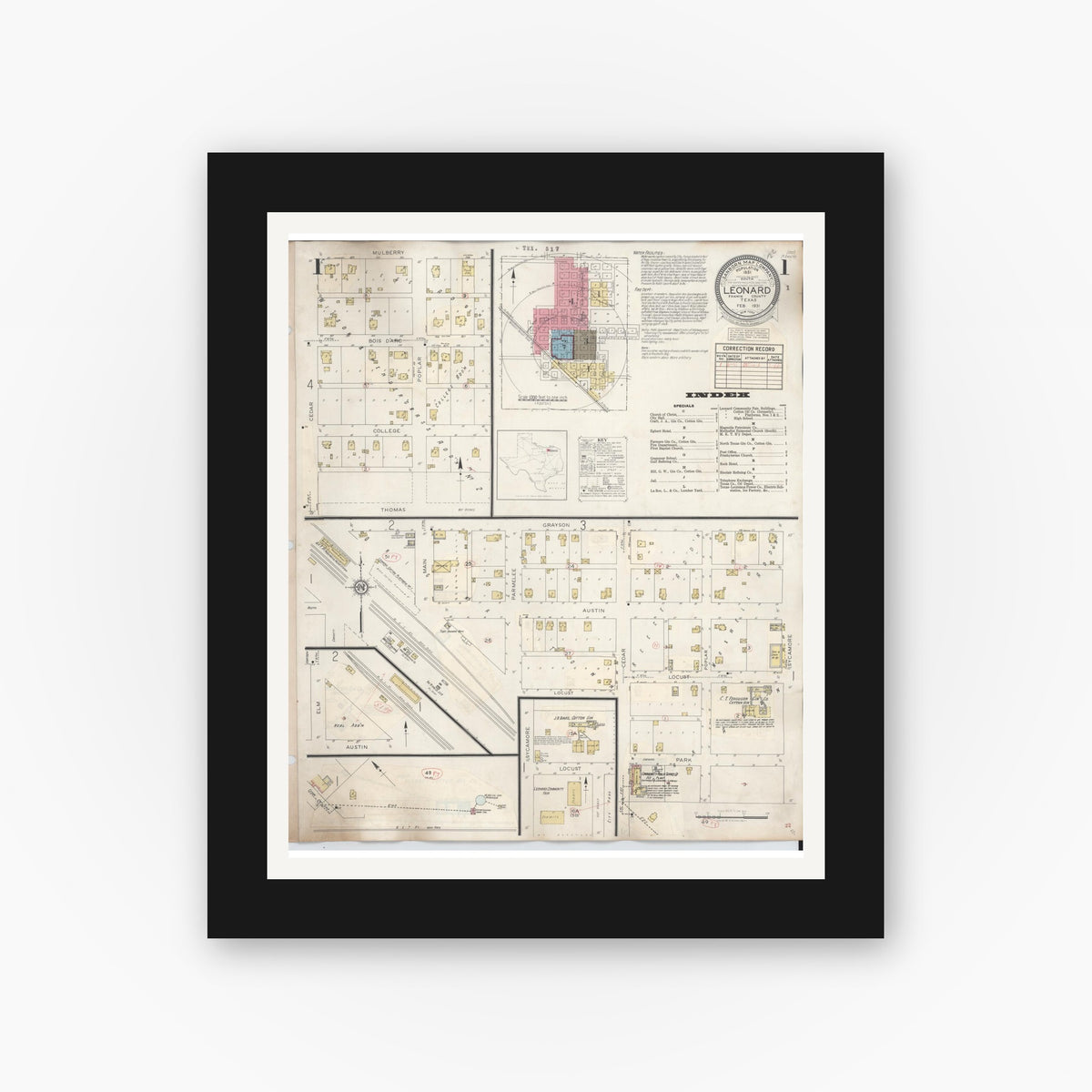 Old map wall art mockup — black gallery frame with white mat — Sanborn Fire Insurance Map from Leonard, Fannin County, Texas (1945) - Complete Map Set