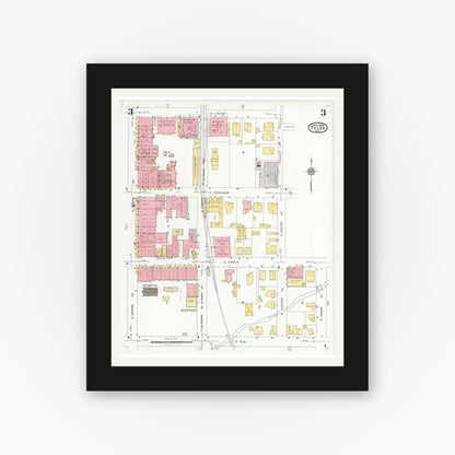 Old map wall art mockup — black gallery frame with white mat — Sanborn Fire Insurance Map from Tyler, Smith County, Texas (1928), Sheet #0003
